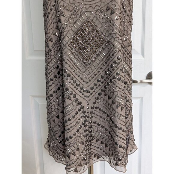 Parker 100% Silk Fully Beaded Allegra Mini Dress Taupe Size M Fairy Goth Grunge - Picture 5 of 16